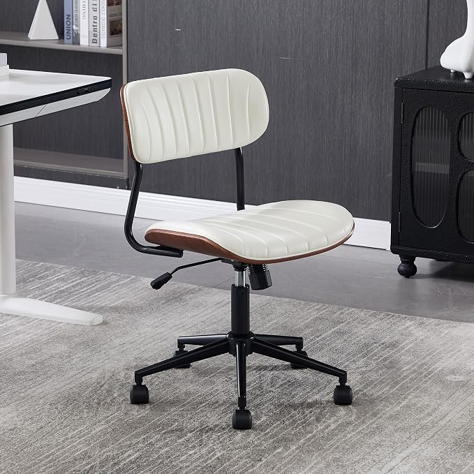 Modern Walnut Home Office Chair，Adjustable Height Desk Chair with Wheels，Armless Computer Chair for Office, Reading Meeting Room, White