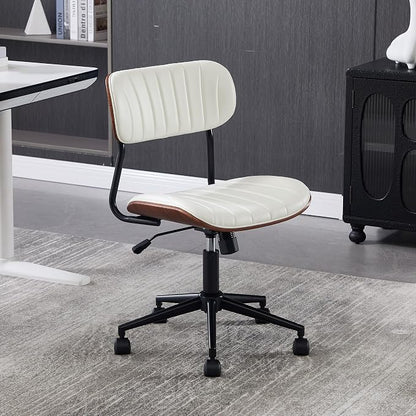 Modern Walnut Home Office Chair，Adjustable Height Desk Chair with Wheels，Armless Computer Chair for Office, Reading Meeting Room, White