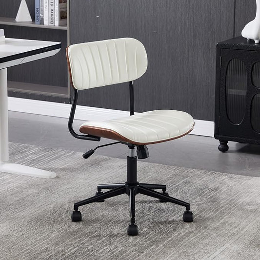 Modern Walnut Home Office Chair，Adjustable Height Desk Chair with Wheels，Armless Computer Chair for Office, Reading Meeting Room, White