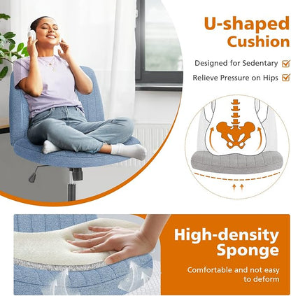 Sweetcrispy Criss Cross Chair Legged, Armless Office Swivel Desk Chairs No Wheels, Vanity Height Adjustable Wide Seat Comfy Cute Computer Task Seating for Home Bedroom,Blue