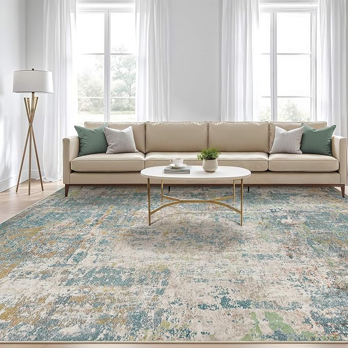 Area Rugs 9x12 Living Room: Washable Large Abstract Neutral Modern Soft Rugs Stain Resistant Indoor Floor Non-Slip Accent Carpet for Bedroom Nursery Playroom Office Dining Room Home Decor- Teal