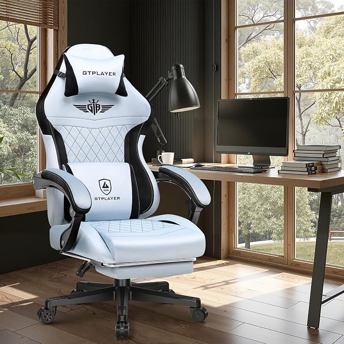 GTPLAYER Gaming Chair with Footrest, Big and Tall Game Chair High Back Computer Office Chair with Lumbar Support for Adults, Ergonomic Swivel Games Chair with Cushion Gaming, Fabric Light Blue