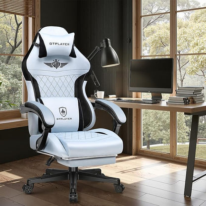 GTPLAYER Gaming Chair with Footrest, Big and Tall Game Chair High Back Computer Office Chair with Lumbar Support for Adults, Ergonomic Swivel Games Chair with Cushion Gaming, Fabric Light Blue