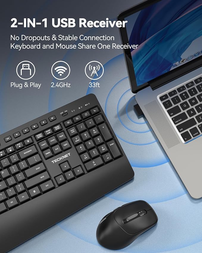 TECKNET Wireless Keyboard and Mouse Combo, Full Size Ergonomic Keyboard and Mouse with Wrist Rest & Phone Tablet Holder, Sleep Mode, 2.4G Lag-Free Cordless Silent Computer Mouse for Laptop PC Windows