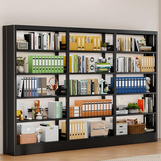 70.9" H Metal Bookshelf, Adjustable Bookcase, 5-Tier Heavy Duty Bookshelf with Bookend, Tall Bookshelves, Bookcase Shelf for Living Room, Office, Library,Classroom (Black-108.30W)