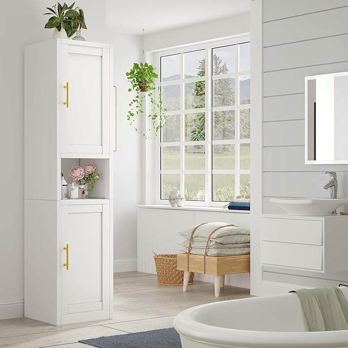 pozdeg 67" Tall Narrow Storage Cabinet Metal Bathroom Cabinet with 2 Doors & 4 Adjustable Shelves, Standing Pantry Cabinets Cupboard for Kitchen, Dining Room, Living Room and Bathroom (White)
