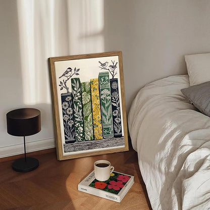 Framed Vintage Botanical Books Canvas Wall Art, Floral Books with Birds Poster Print, Retro Nature Library Reading Gift, Modern Literary Wall Decor for Study Living Room Office 16x24in