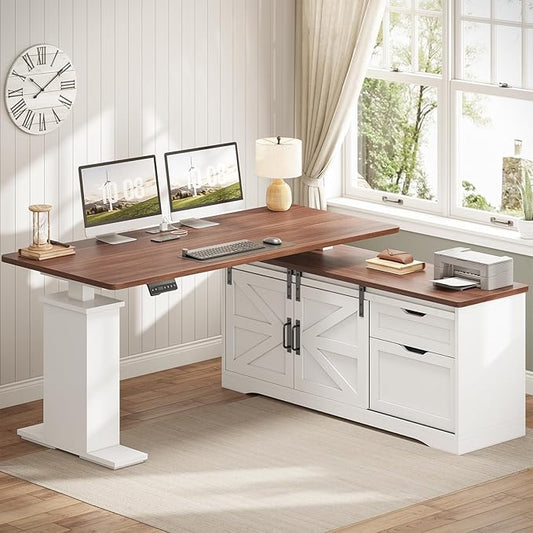SEDETA Farmhouse L Shaped Standing Desk, 55 inch Height Adjustable Corner Desk with Storage Drawers, Standing Computer Desks with Power Outlets for Home Office, White