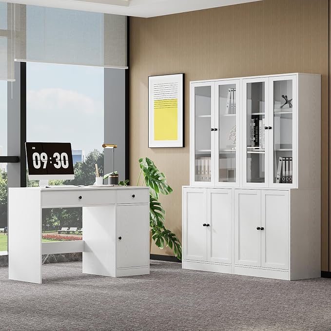 TUSY 71'' Bookshelf with Doors - 5 Tier Freestanding Tall Bookcase, Modern Storage Cabinet for Home Office, Curio Cabinets with Glass Door for Living Room(1, White)
