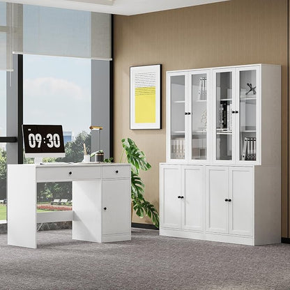 TUSY 71'' Bookshelf with Doors - 5 Tier Freestanding Tall Bookcase, Modern Storage Cabinet for Home Office, Curio Cabinets with Glass Door for Living Room(1, White)
