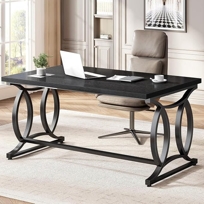 HSH Black Home Office Desk, 55 Inch Metal Wood Computer Desk, Simple Modern Study Executive Desk for Work Writing, Modern Student Gaming Computer PC Table for Bedroom Living Room,Blach Oak