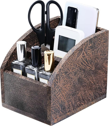 Rustic Vintage Wooden Desk Organizer Farmhouse Wood Remote Control Caddy 3 Slot Tabletop Desktop Office Supply Storage Rack Desktop TV Remote Control Holder Home Decor Office Supplies (Metallic color)