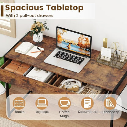 GOFLAME 44 Inch Computer Desk with 2 Drawers, Home Office Desk with Metal Frame, Small Study Writing Workstation with Storage, PC Laptop Table for Living Room, Bedroom, Study, Rustic Brown