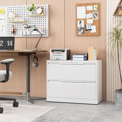 2-Drawer Metal File Cabinet with Lock,Steel Printer Stand with Storage for Home Office,Lateral Filing Cabinet for Legal/Letter/A4 Files,Assembly Required(35.43''W-2 Drawers,White)