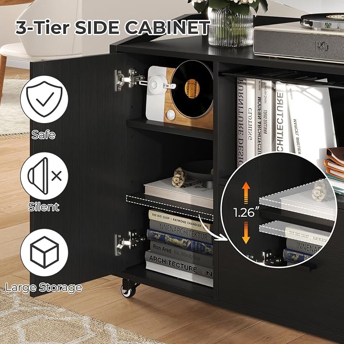 HSH File Cabinet with Wheels with Locks,Black Mobile Filing Cabinet for Legal/Letter Size, Wood Metal Printer Stand with Shelves, Wheels & Hanging File Folder for Home Office Desk, 33 in