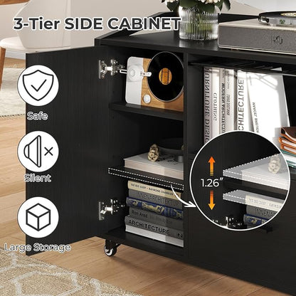 HSH File Cabinet with Wheels with Locks,Black Mobile Filing Cabinet for Legal/Letter Size, Wood Metal Printer Stand with Shelves, Wheels & Hanging File Folder for Home Office Desk, 33 in