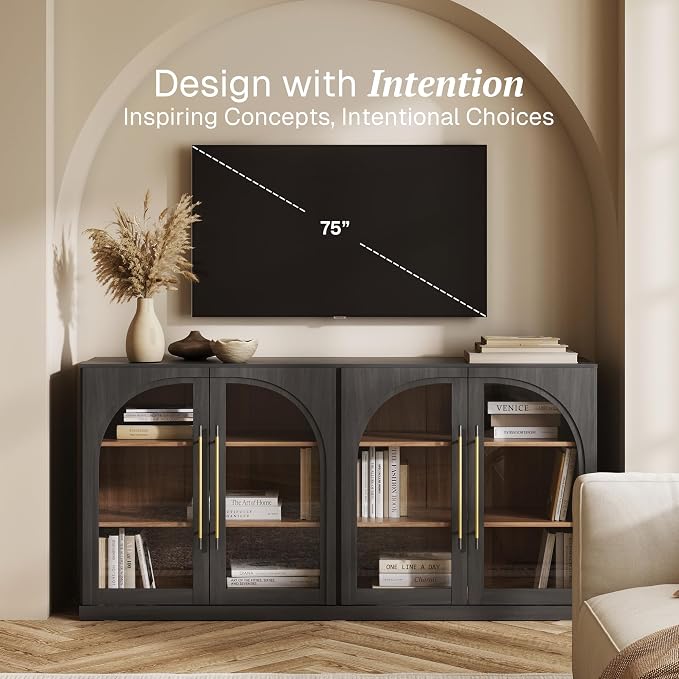 BELLEZE 65" Kitchen Storage Cabinet with Adjustable Shelves, Freestanding Accent Cabinet with Fluted Gold Handles & Arched Design, Modern Credenza for Living Room, Entryway - Ebony
