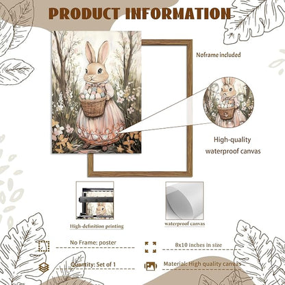 Easter Bunny Canvas Wall Art, Rabbit & Egg Basket Poster Prints, Farmhouse Style Holiday Wall Decor, Vintage Rustic Home Artwork for Kids Room Bedroom Living Room 12x16 inch Unframed