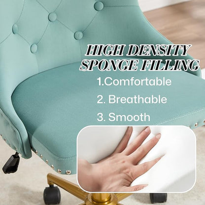 Velvet Armless Home Office Desk Chair, Swivel Height-Adjustable Small Cute Vanity Chair for Women/Girls, Comfy Makeup Chair with Rivet and Gold Base for Living Room, Bedroom(Green)