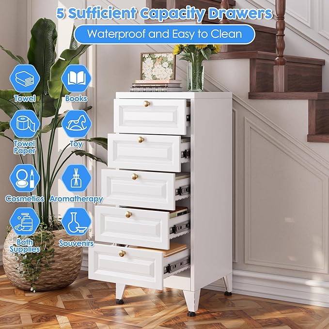 Metal Bathroom Storage Cabinet with 5 Drawers, Freestanding Bathroom Floor Cabinet for Home, Living Room, Assembly Required, White, 39.4" H x 16.6" W x 15.8" D
