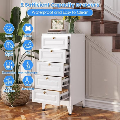 Metal Bathroom Storage Cabinet with 5 Drawers, Freestanding Bathroom Floor Cabinet for Home, Living Room, Assembly Required, White, 39.4" H x 16.6" W x 15.8" D
