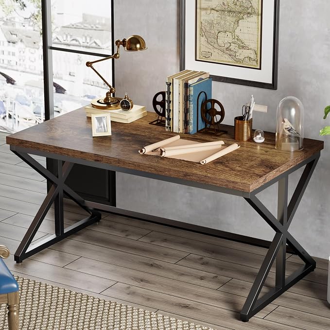 IBF Industrial Computer Desk, Rustic Wooden Metal Executive Office Desks, Large Long Simple Gaming Computer Desk Table, Wood Student Study Computer Table for Bedroom Living Room, Rustic Brown, 60 Inch