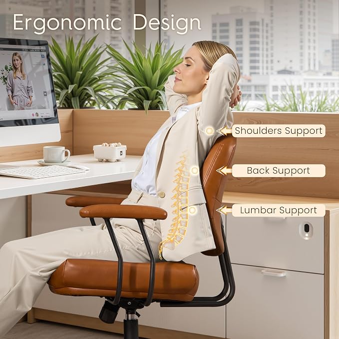 HOOOWOOO Ergonomic Office Chair,Mid Century Modern Computer Desk Chair,Comfy Executive Chair with Extra Wide Tufted Cloudy Seat Lumbar Support Rocking Back,PU Leather Light Brown