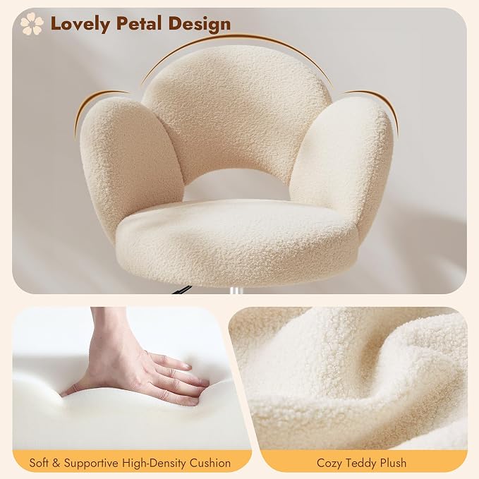 Homkdom Petal Vanity Chair with Wheels, 3.94" Thick Comfy Desk Chair, Swivel Armless Chair with Open Back and Adjustable Height, Ideal for Makeup Study Work and Relaxation, Creamy Beige