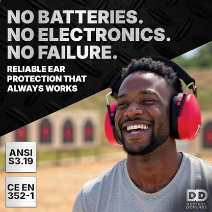 DECIBEL DEFENSE Professional Safety Ear Muffs 37dB NRR - The HIGHEST Rated & MOST COMFORTABLE Ear Protection for Shooting & Industrial Use - THE BEST HEARING PROTECTION...GUARANTEED (SAFETY RED)