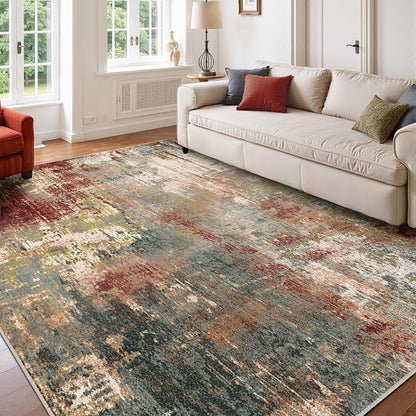 RELEANY Washable Area Rugs 5'x8' Non-Slip Modern Abstract Soft for Living Room Entryway Bedroom Kitchen, Print Pattern, Brown Rust Red Green Blue Multi