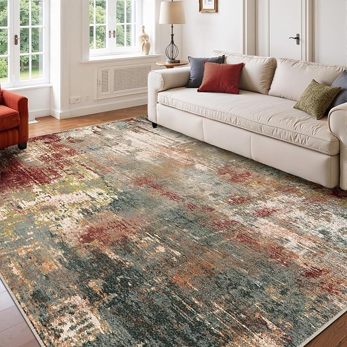 RELEANY Washable Area Rugs 8'x10' Non-Slip Modern Abstract Soft for Living Room Entryway Bedroom Kitchen, Print Pattern, Brown Rust Red Green Blue Multi
