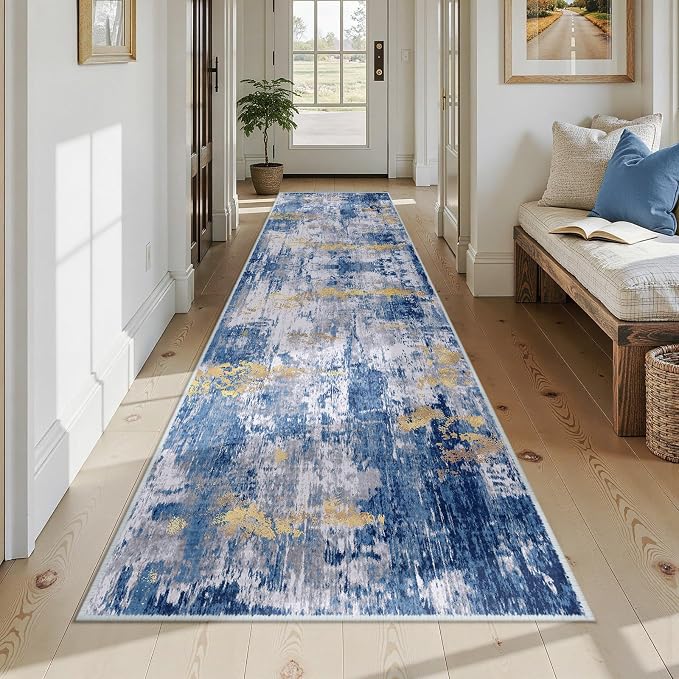RELEANY Washable Area Rugs 3x12 Non-Slip Modern Abstract Soft for Living Room Entryway Bedroom Kitchen, Print Pattern, Grey Blue Gold/Golden