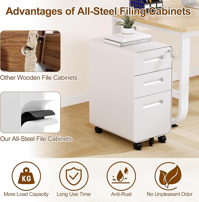 3 Drawers Slim File Cabinet, Mobile Filing Cabinet with Lock, Steel, Fully Assembled Except Casters, for Home Office, for A4, Letter, Legal File Folders, White
