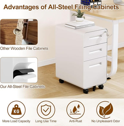 3 Drawers Slim File Cabinet, Mobile Filing Cabinet with Lock, Steel, Fully Assembled Except Casters, for Home Office, for A4, Letter, Legal File Folders, White