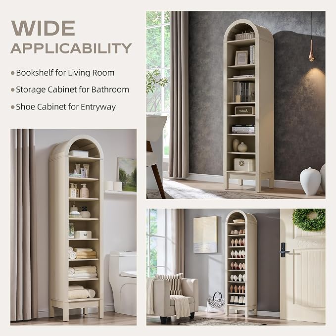 IFGET 71" Tall Arched Bookshelf, 8 Tiers Arch Bookcase with Storage, Modern Farmhouse Book Shelf with Adjustable Shelves, Wood Bookshelf w/Open Display Shelves for Living Room, Office (Cream)