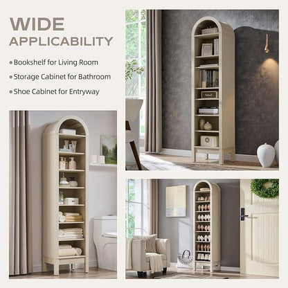 IFGET 71" Tall Arched Bookshelf, 8 Tiers Arch Bookcase with Storage, Modern Farmhouse Book Shelf with Adjustable Shelves, Wood Bookshelf w/Open Display Shelves for Living Room, Office (Cream)