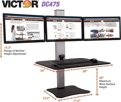 Victor DC475 High Rise Electric Triple Monitor Standing Desk Converter | Three Large Monitor Sit-Stand Desk | 28” Wide Work Surface | Compatible with Any Standard Desk | Adjustable Monitor Holder
