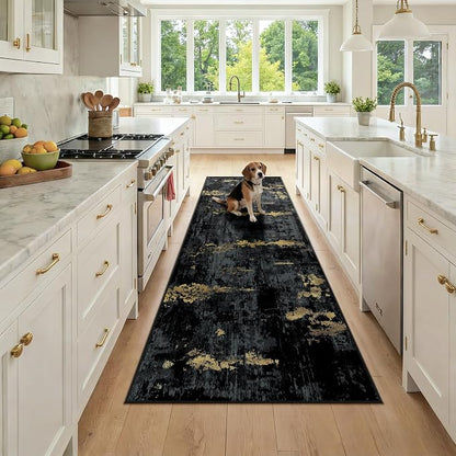 RELEANY Washable Area Rugs 2'6"x8 Non-Slip Modern Abstract Soft for Living Room Entryway Bedroom Kitchen, Print Pattern, Dark Black Gold