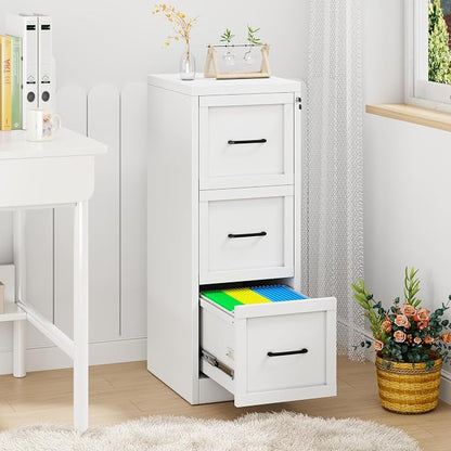 GAIOUS Metal Vertical File Cabinet with Lock, Home Office 3 Drawer Cabinet | 3 Drawer Filing Cabinet, Beside Desk File Cabinet, White Lockable Storage Cabinet, Fits Letter/Legal/A4 Size