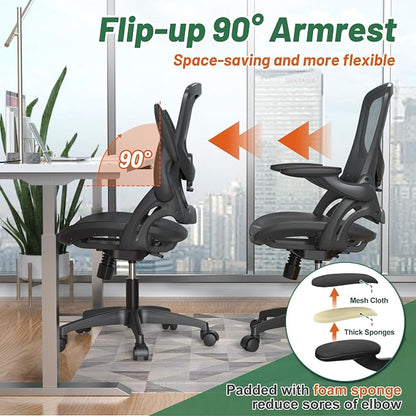 Ergonomic Comfy Mesh Home Office Computer Desk Chair with Height Adjustable Lumbar Support with Flip up Arms for Adult