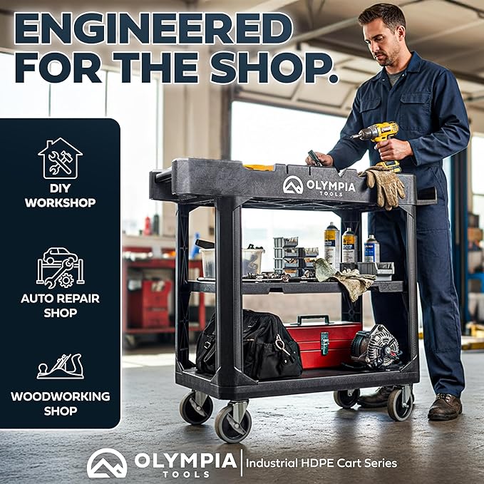 Olympia Tools 2-in-1 Heavy Duty Utility Work Cart, Rolling Tool Cart with Wheels, Convertible 3-Shelf to Flat Top Workstation, 660 Lb Capacity, Black