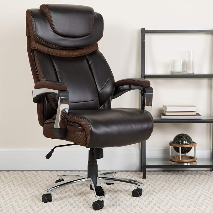 EMMA + OLIVER Big & Tall Office Chair | Brown LeatherSoft Executive Swivel Office Chair with Headrest and Wheels