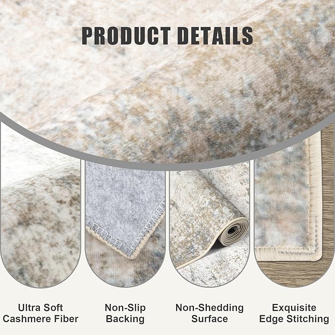 Round Area Rug for Living Room: 8 ft Washable Modern Abstract Soft Thin Rug Indoor Floor No Slip Stain Resistant Carpet for Bedroom Dining Room Farmhouse Nursery Home Office - Brown Grey