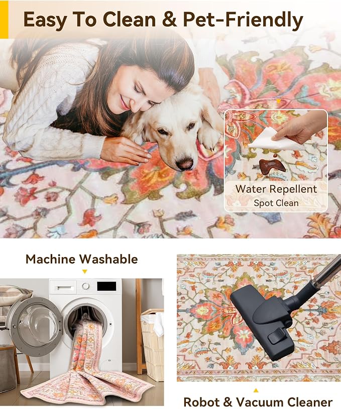 RELEANY Area Rugs Square 4ft Washable Non-Slip, Floral Vintage Distress Medallion Carpet for Living Room Bedroom Dining Room, Light Pink Colorful