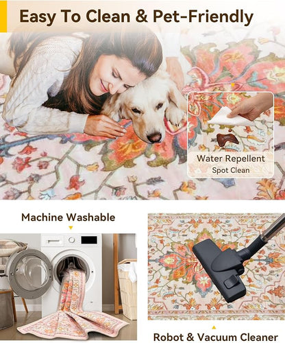 RELEANY Area Rugs Square 4ft Washable Non-Slip, Floral Vintage Distress Medallion Carpet for Living Room Bedroom Dining Room, Light Pink Colorful