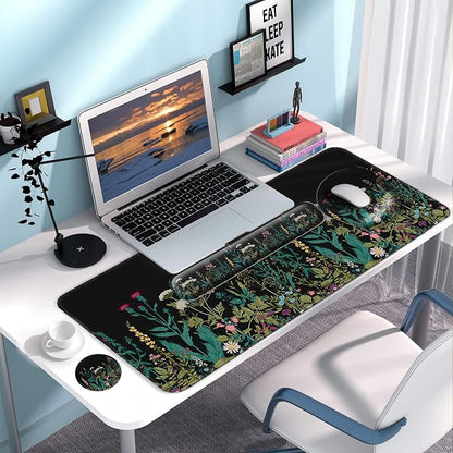 Desk Mat Set + Keyboard and Mouse Pad with Wrist Rest Support,4-in-1 Large Mousepad Computer Mats for Desktop Home & Office-Floral Flowers