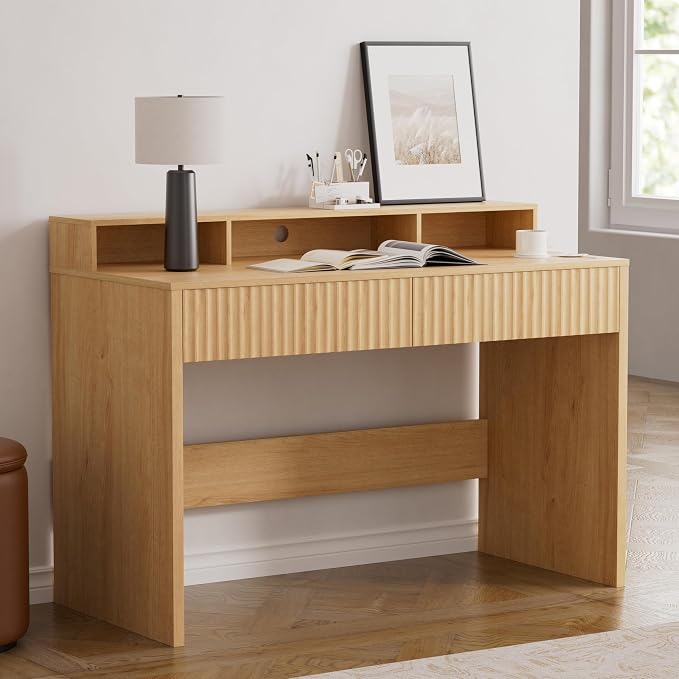 EYYTHUNG 47" Fluted Office Desk with Storage Shelf, Modern Wood Executive Desk with Long Monitor Stand & 2 Drawers, Home Writing Study Computer Table Vanity Desk, Natural Oak