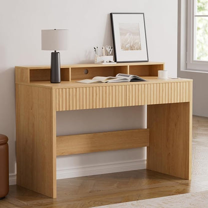 EYYTHUNG 47" Fluted Office Desk with Storage Shelf, Modern Wood Executive Desk with Long Monitor Stand & 2 Drawers, Home Writing Study Computer Table Vanity Desk, Natural Oak