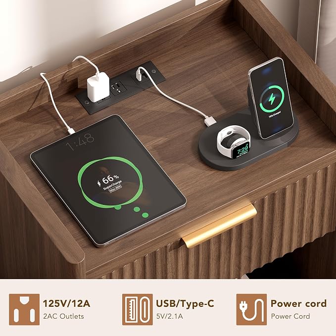25.9" Fluted Nightstand with Charging Station, Large Modern Bedside Table with Storage Drawer and Metal Handle,End Table for Bedroom, Home Office(1 Pack, Dark Walnut)