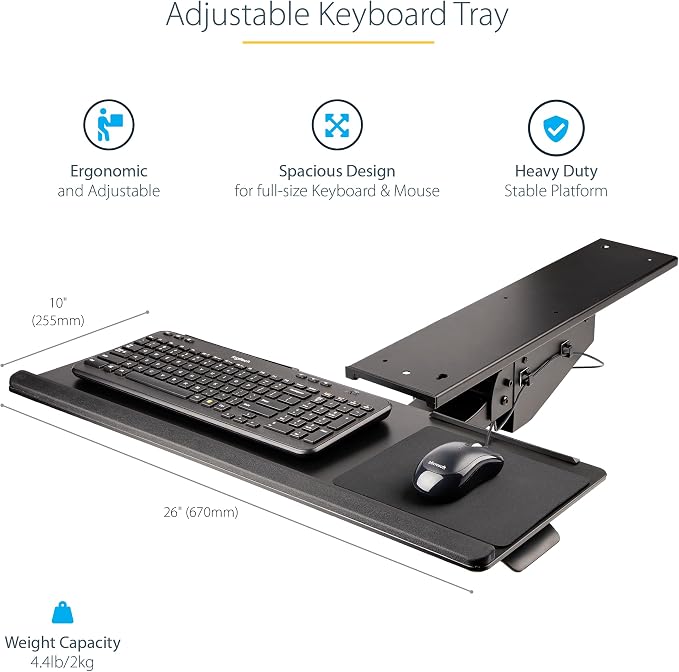StarTech.com Under Desk Keyboard Tray - Full Motion & Height Adjustable Keyboard and Mouse Tray, 10"x26" Platform - Ergonomic Desk Mount Computer Keyboard Tray with Mouse Pad & Wrist Rest (KBTRAYADJ2)